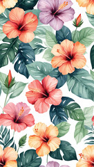 Beach cheerful seamless pattern wallpaper of tropical dark green leaves of palm trees and flowers bird of paradise (strelitzia) plumeria on a watercolor background