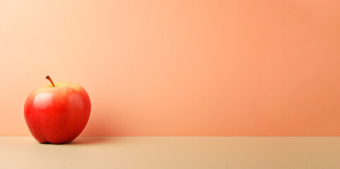banner red apple with leaf on a peach-colored background. fruit concept, simple, poster, space for...