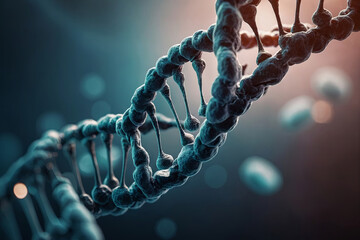 Blue DNA Double Helix Artwork on Dark Blue Background with Nucleotide Spheres - obrazy, fototapety, plakaty