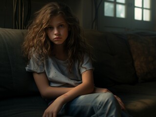 Obraz premium A one young depressed girl sits at home alone in dark colors.