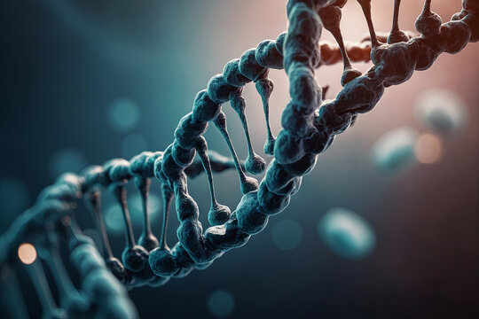 Blue DNA Double Helix Artwork on Dark Blue Background with Nucleotide Spheres
