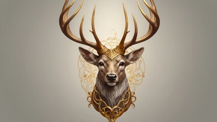 Pagan god deer head with antlers and golden details on dark background	