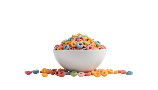 Fruit ceral and pouring milk loop in bowl isolated on transparent background 
