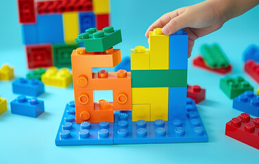 Child's hand assembling colorful toy blocks on a blue surface with scattered pieces in the background.