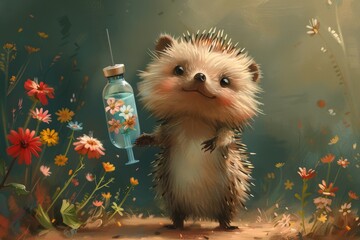With a shy smile and a giant syringe overflowing with colorful wildflowers, this adorable hedgehog nurse embodies a gentle, nature-inspired approach to healthcare. - obrazy, fototapety, plakaty