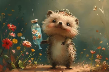 Fotobehang With a shy smile and a giant syringe overflowing with colorful wildflowers, this adorable hedgehog nurse embodies a gentle, nature-inspired approach to healthcare. © DG