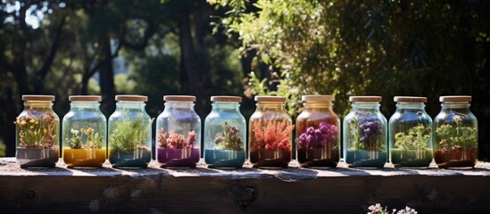 A row of glass jars filled with various green plants, showcasing a unique and creative way to display nature in a garden setting. Each jar is carefully decorated and positioned to create a visually