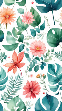 Beautiful seamless vector floral pattern, spring summer background with tropical flowers, palm leaves, jungle leaf, hibiscus, bird of paradise flower. Exotic wallpaper, Hawaiian style and watercolour 