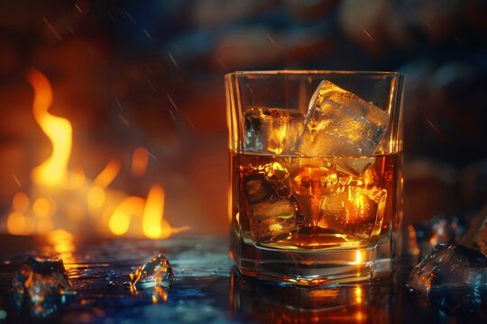 a glass of whiskey with ice and a fire in the background