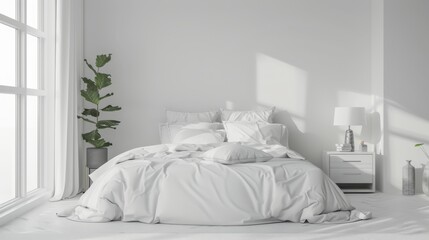 Fototapeta na wymiar Minimalist White Bedroom with Sunlight and Greenery