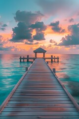 Sunrise Island Maldives over the ocean and wooden jetty