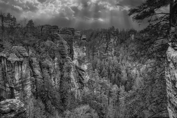 Papier Peint photo autocollant Le pont de la Bastei Jagged rocks on the Basteibridge in black and white. View over trees and mountains