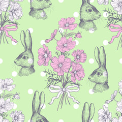.Easter bunny and bouquets of cosmea on a light green background with polka dots. Engraved design elements.  Vector seamless pattern.