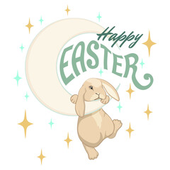 cartoon illustration of a cute Easter bunny hanging on a crescent moon among the stars
