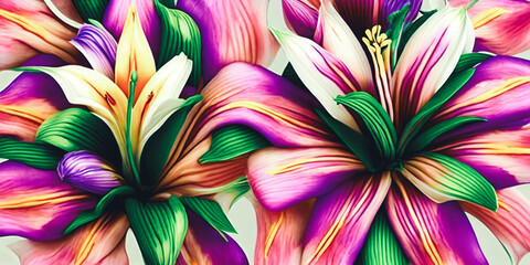 Beauty of symmetry by arranging an assortment of vibrant lilies. Panorama