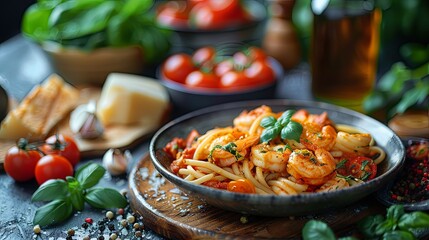 Amazing Italian dishes, shrimp pasta, the dishes if herbs