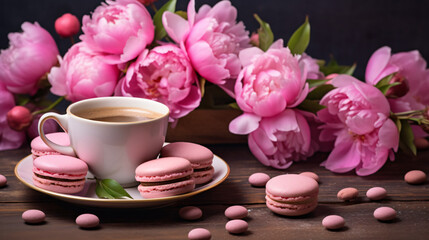 Fototapeta na wymiar A bouquet of pink peony flowers with cup of coffee and