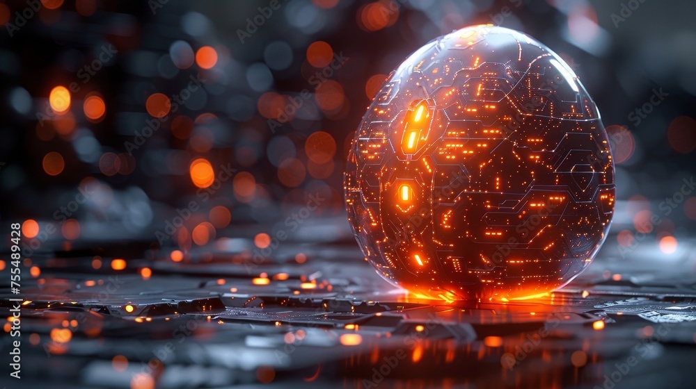 Aufkleber Easter egg in tech futuristic style. A greeting card with a 3D abstract egg texture with circuit board overlay. Glowing digital modern illustration.