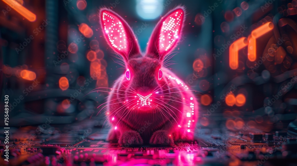 Poster This Easter neon bunny has a glowing futuristic style. A technological greeting card with a holiday themed greeting. A 3D model of hare ears with a pattern based on a computer board.