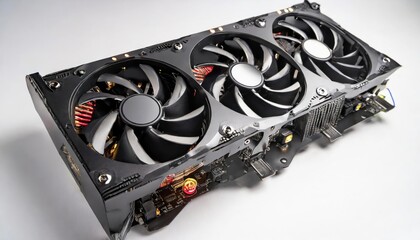  modern powerful gaming graphics card for a computer with three fans and leds; new electronic 