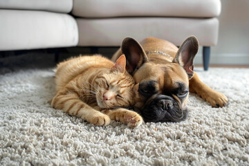 French bulldog and cat lie together on a white carpet in the room - Powered by Adobe