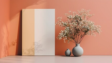 Modern Illustrated Invitation with Empty Canvas on Minimalist Peach Background and Vases of Flowers
