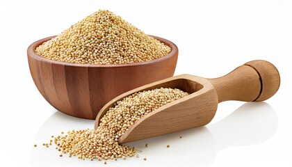 Sorghum seeds in wooden bowl and scoop isolated on white background. Top view. Flat lay. 