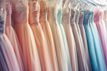 Many pastel colored elegant dresses in luxury modern shop boutique. Generative AI