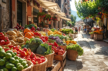 Fresh vegetables on display at a quaint street market with charming storefronts in the background.