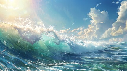 An ocean scene with a wave, half-submerged, under a sunny sky