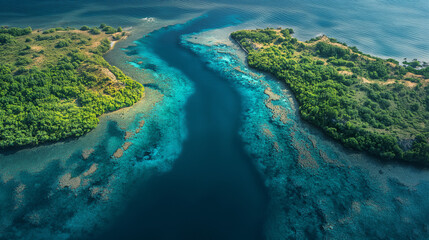 Fototapeta premium The Great Barrier Reef scenic colorful aerial view, corals in the ocean paradise scene