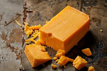 Yellow cheddar cheese lying on the counter.