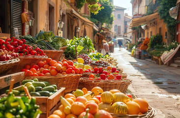Sunny street market with fresh vegetables and fruits on display in a quaint European town.
