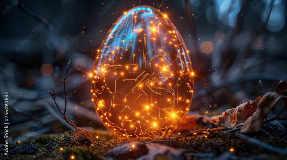 Aufkleber Greeting card with abstract 3D egg with circuit board texture. Glowing digital modern illustration of an Easter egg.
