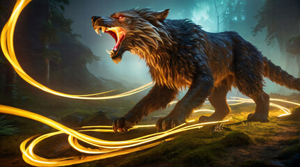 Mysteri&ouml;ser Wolf heult im Wald . Lichteffekte im Hintergrund . KI Generated 