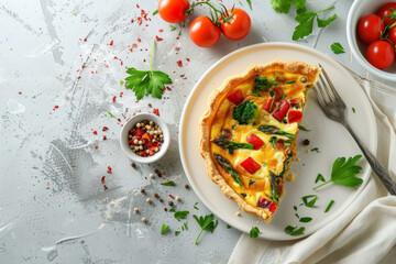 Slice of quiche with seasonal veggies. Generative AI