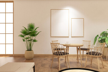 Scandinavian cafe interior with frame mock up on the wall. Design 3d rendering of white and light...
