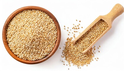 Sorghum seeds in wooden bowl and scoop isolated on white background. Top view. Flat lay. 