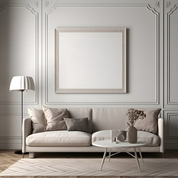minimalist lounge room with wooden furniture, grey walls,table,lamp,white sofa with Interior Mockup with one white photo frame in the background
