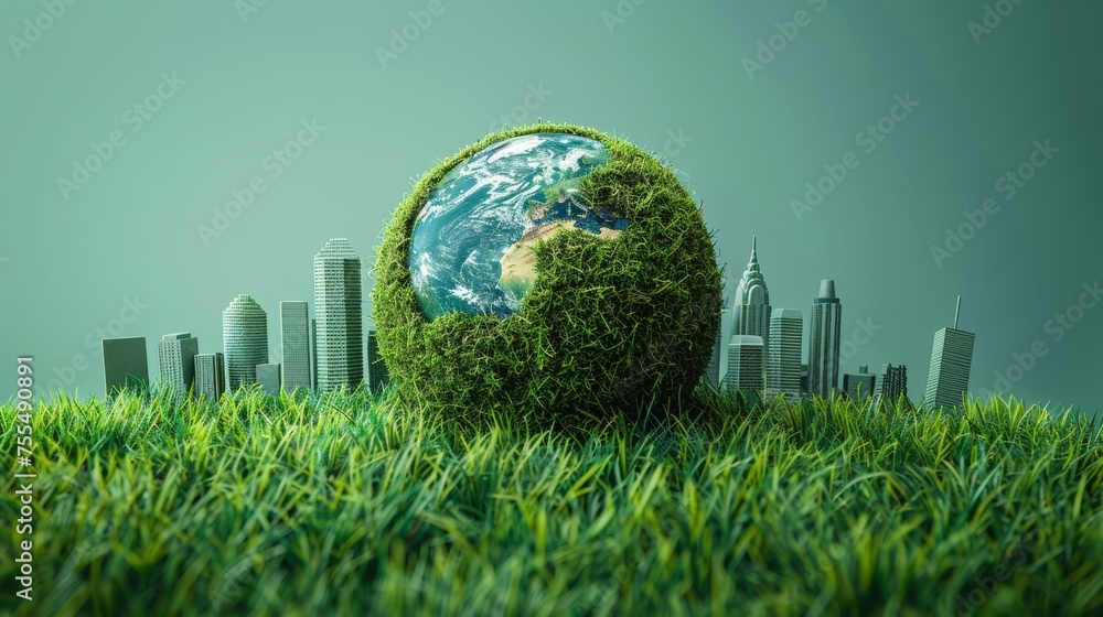 Poster An image of a green planet covered in grass and a city skyline reflecting the concept of a sustainable power supply. An image of an eco-friendly technology approach using environmentally friendly