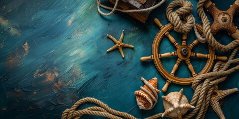Creative sailing background perfect for sea travel website. Maritime and nautical theme, with blue sea color, ropes, steer and sea creatures.