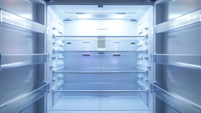 Another view of an open, empty fridge emphasizing the shelving