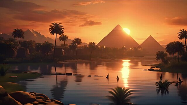 Landscape with ancient Egyptian pyramids, beautiful sky and sunset. The concept of ancient history. AI-generated.