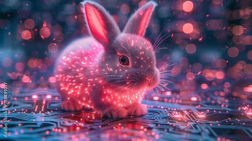 Poster A glowing neon bunny for Easter. 2D computer board patterns on 3D hare ears.