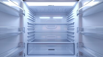 Another view of an open, empty fridge emphasizing the shelving