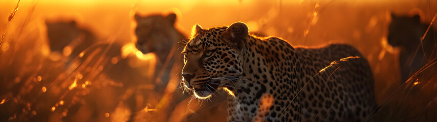 Leopards standing in the savanna with setting sun shining. Group of wild animals in nature....
