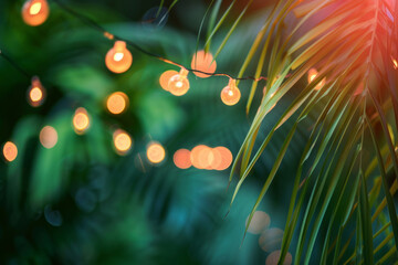 Tropical palm leaves and string lights. Generative AI