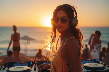 Female DJ playing music at beach party during sunset.