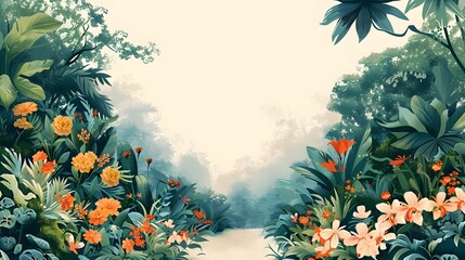 Enchanted Jungle Pathway in Modern Art Style with Soft Colors and Dreamlike Atmosphere