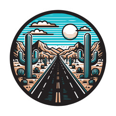 highway road in dessert with cactus surrounding and sunset vector illustration